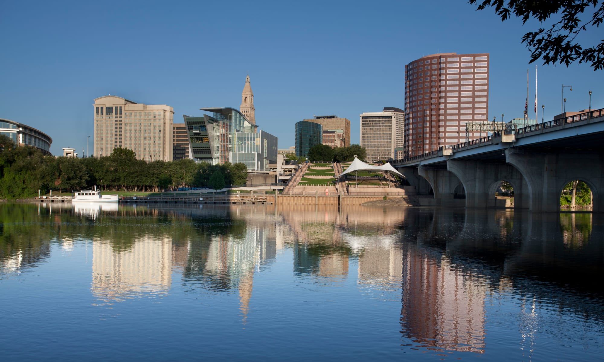 Skyline of Hartford, Connecticut, taken from the Connecticut River near Regency Place Apartments