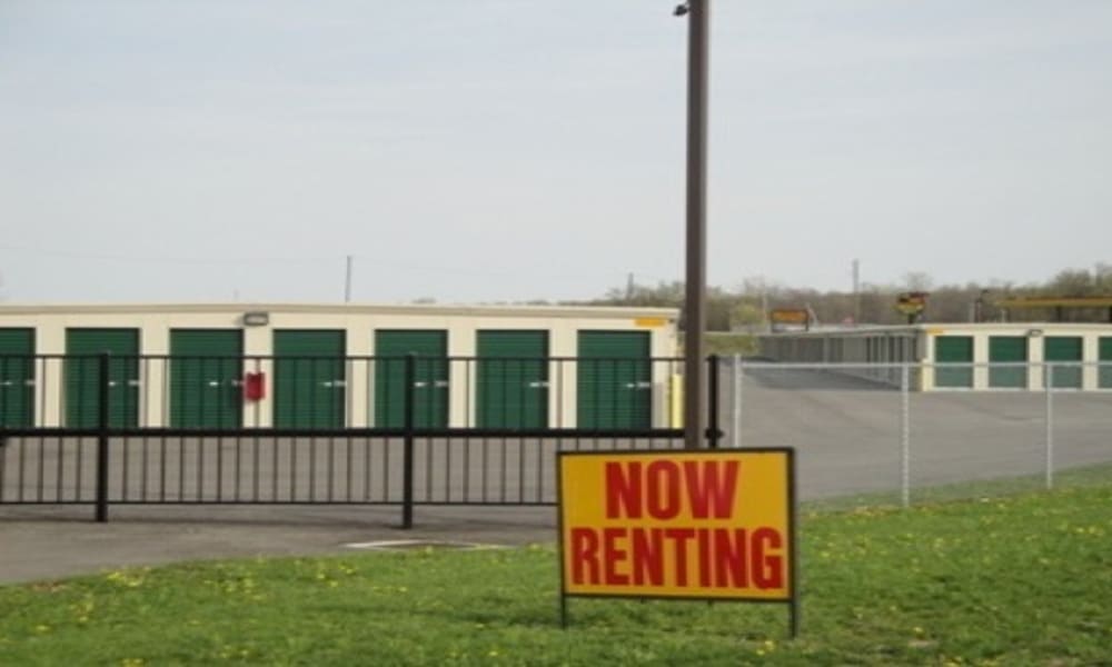 Storage units behind a now renting sign at Etna Storage in Pataskala, Ohio