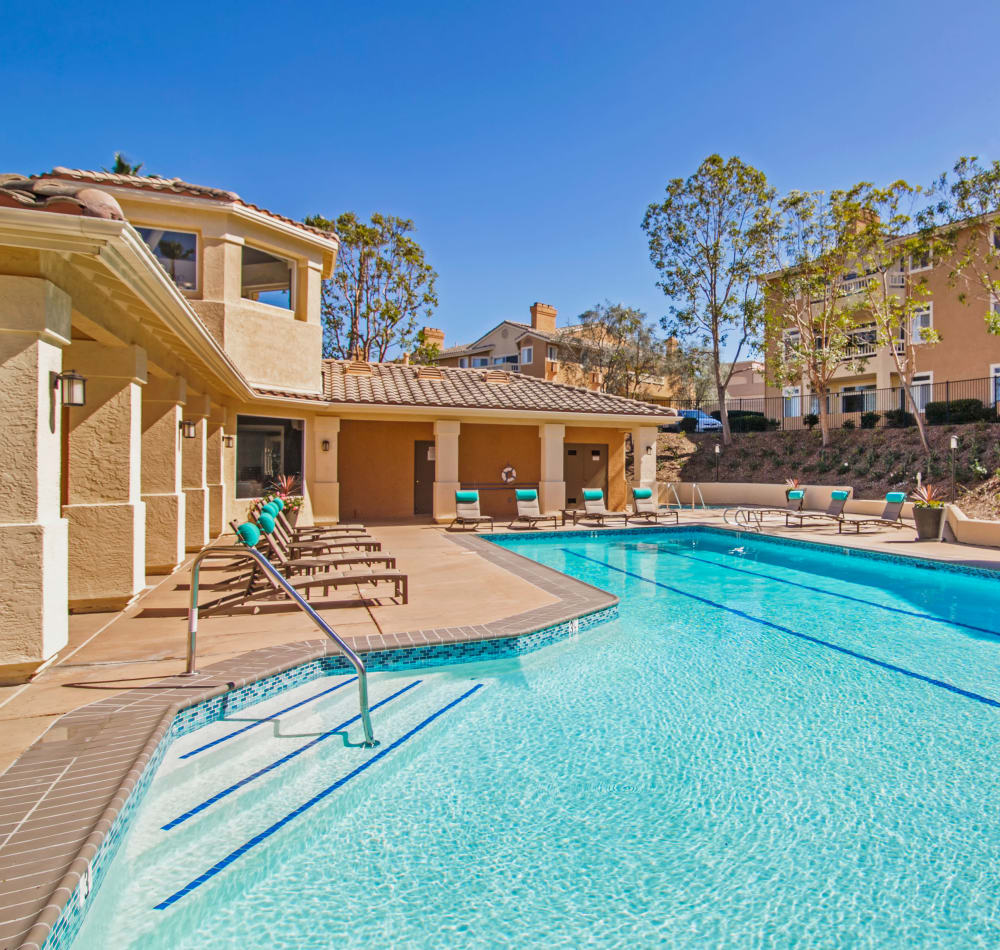 Lap pool surrounded by chaise lounge chairs at Sofi Canyon Hills in San Diego, California