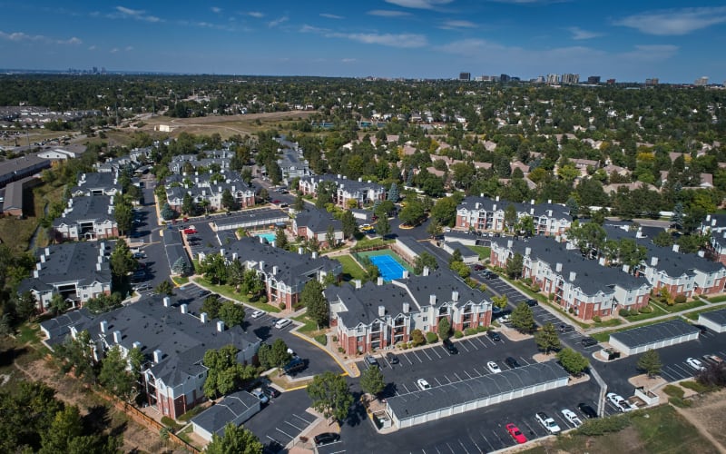 Aerial view of the property at Villas at Homestead Apartments in Englewood, Colorado