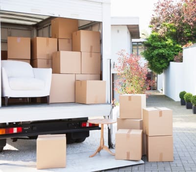 A truck loaded with boxes ready to be moved to Extra Attic Mini Storage in Sandston, Virginia