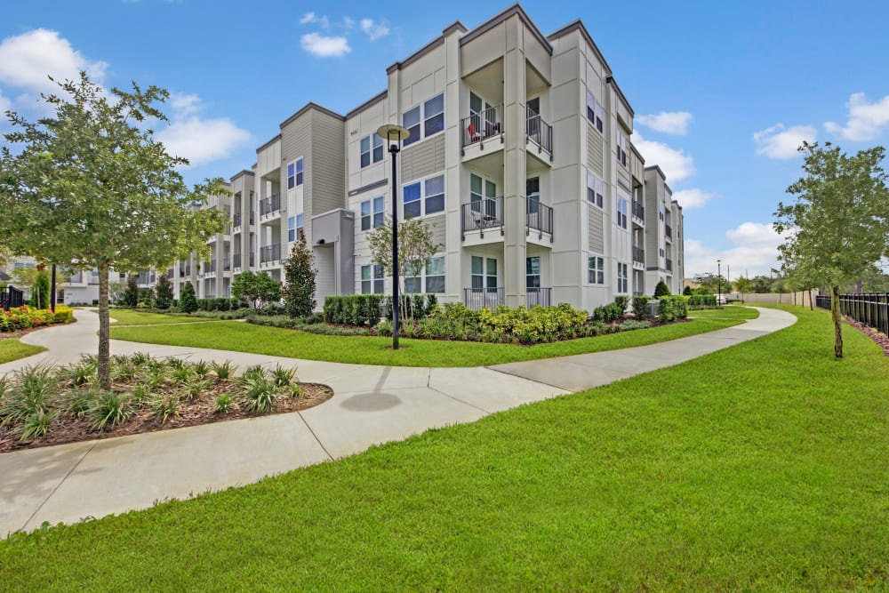 A walkway between apartment buildings at Linden on the GreeneWay in Orlando, Florida