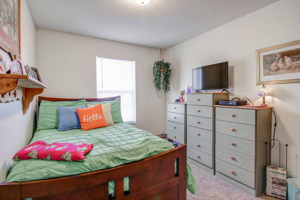 Cozy bedroom with green bedding, decorative pillows, dresser, television, and natural light from window at Hallet Crossing in Michigan Center, Michigan