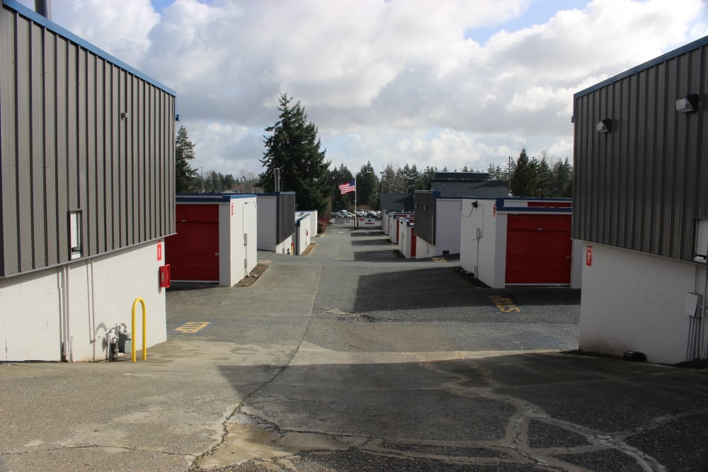Wide driveways for easy storage access at Trojan Storage of Everett in Everett, Washington