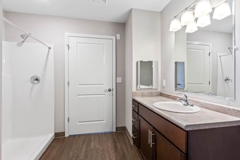 Bathroom with walk-in shower at Barley Square Apartments in Reading, Pennsylvania