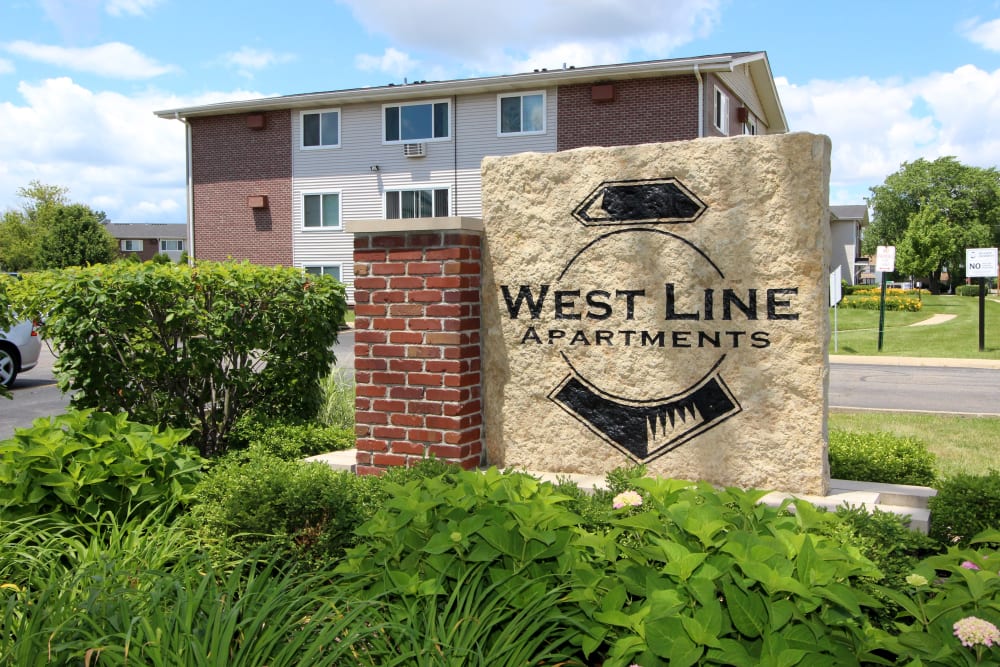 The monument sign at West Line Apartments in Hanover Park, Illinois
