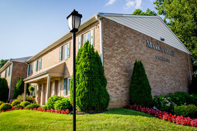 Apartment homes with manicured lawns at Marchwood Apartment Homes in Exton, Pennsylvania.