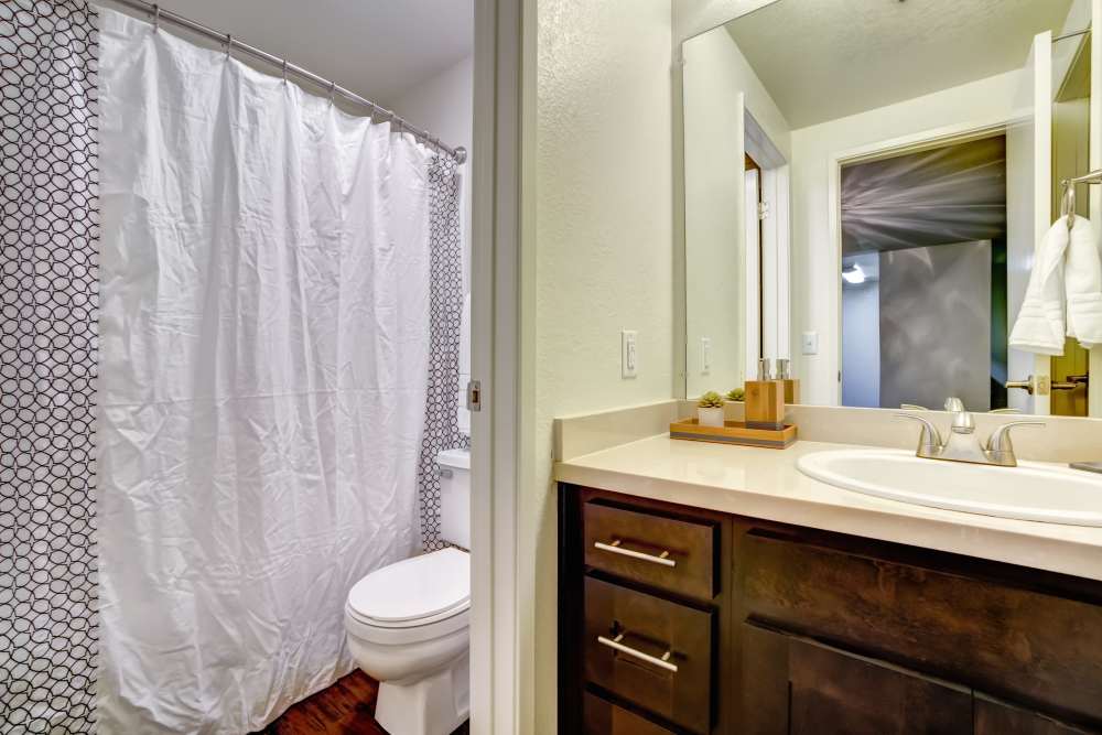 Brown cabinetry bathroom at Serramonte Ridge Apartment Homes in Daly City, California