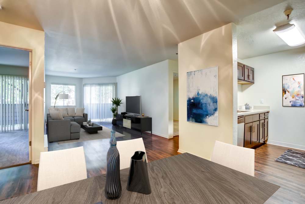 Wood flooring in a living room at Serramonte Ridge Apartment Homes in Daly City, California