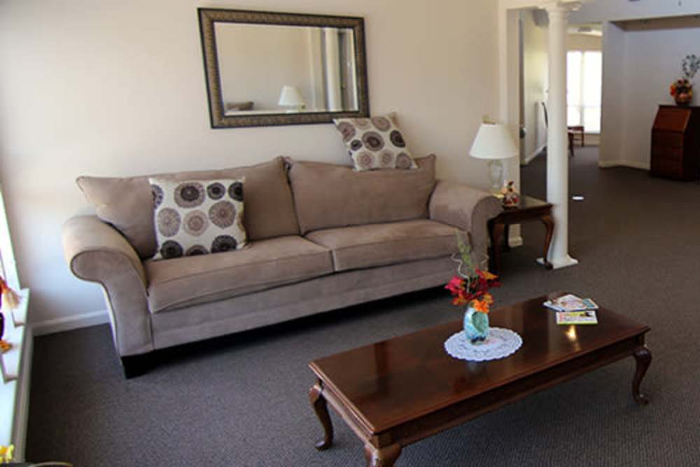 Clubhouse with couch, coffee table and carpet flooring at Woodbury Corners in Martinsburg, West Virginia
