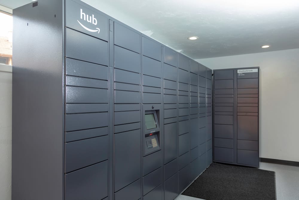 The convenient package room at Shadowbrook Apartments in West Valley City, Utah