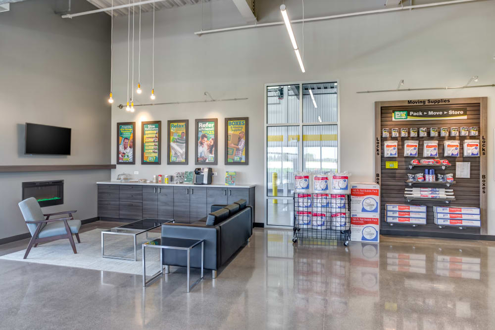 Leasing office waiting area and packing supplies for sale at Metro Self Storage in St. Charles