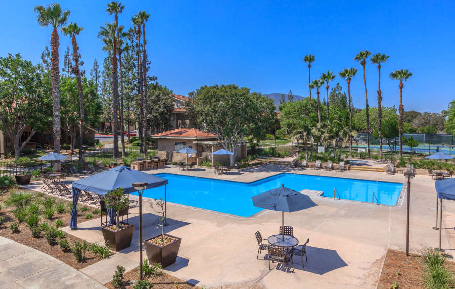 sparkling swimming pool at Parcwood Apartments in Corona, California