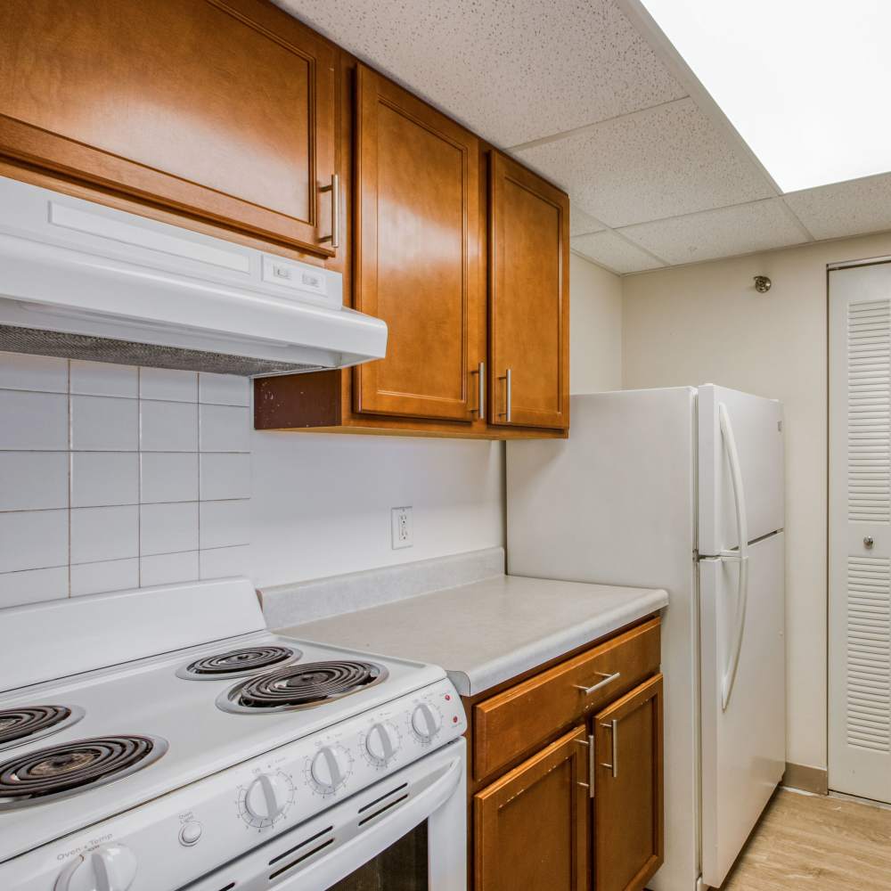 Kitchen with wood cabinetries at Village Center in Detroit, Michigan