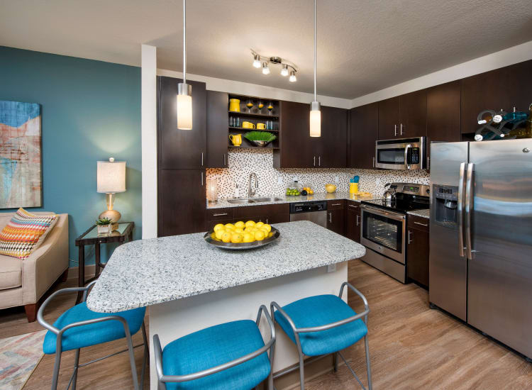Well-decorated kitchen in a model home at The Courtney at Universal Boulevard in Orlando, Florida