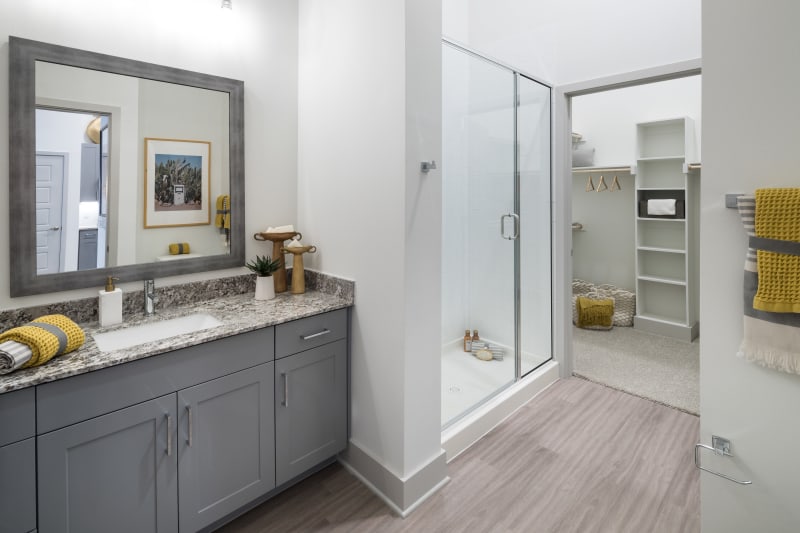 Bathroom and shower at The ReVe in Garland, Texas