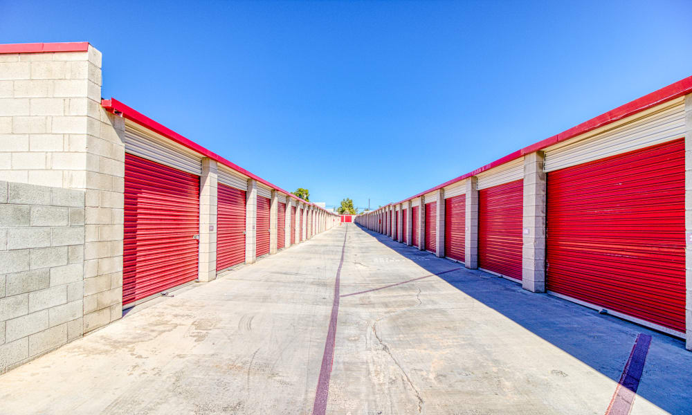 Driveway through storage units at Devon Self Storage in Apple Valley, California