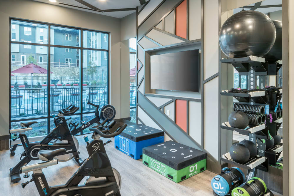 Full fitness area for residents at The ReVe in Garland, Texas