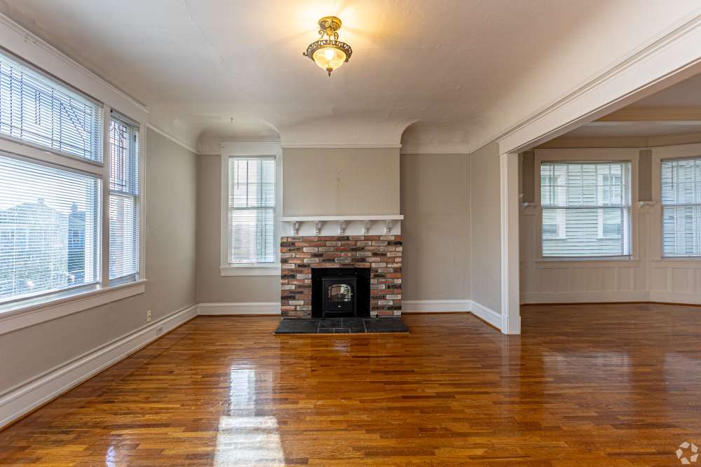 Living room with fireplace at The Miller in Tacoma, Washington