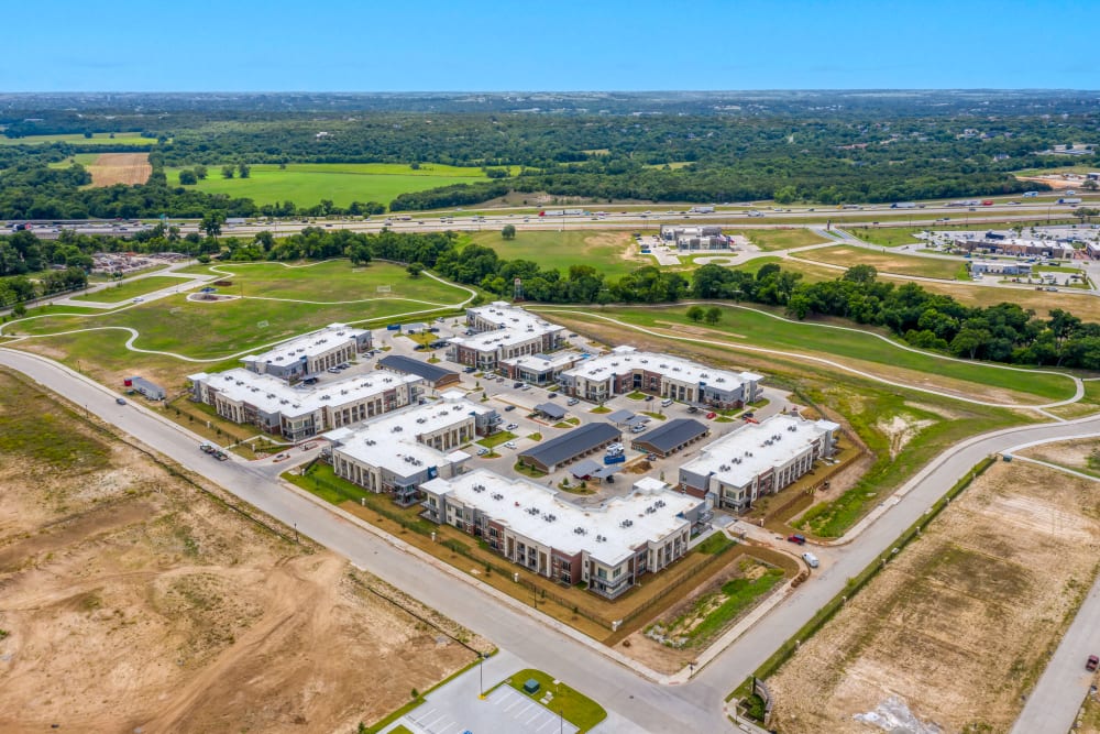 Birds eye view of apartments at The Gates at Meadow Place in Willow Park, Texas
