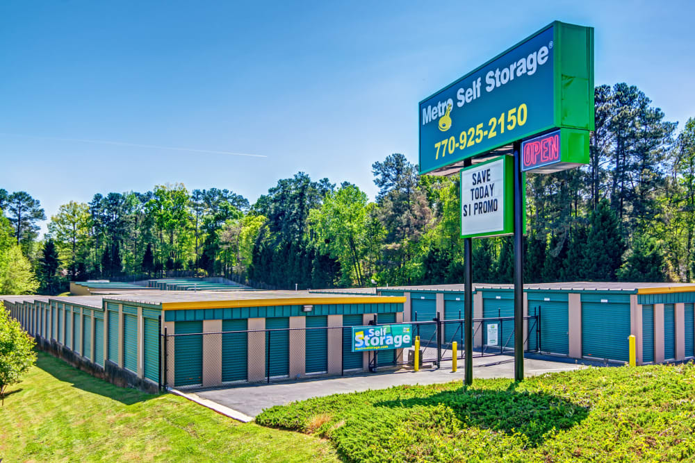 Exterior view of drive up units at Metro Self Storage in Norcross, Georgia