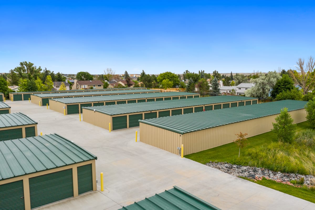 A wide driveway for loading outdoor units at Storage Star Cheyenne in Cheyenne, Wyoming
