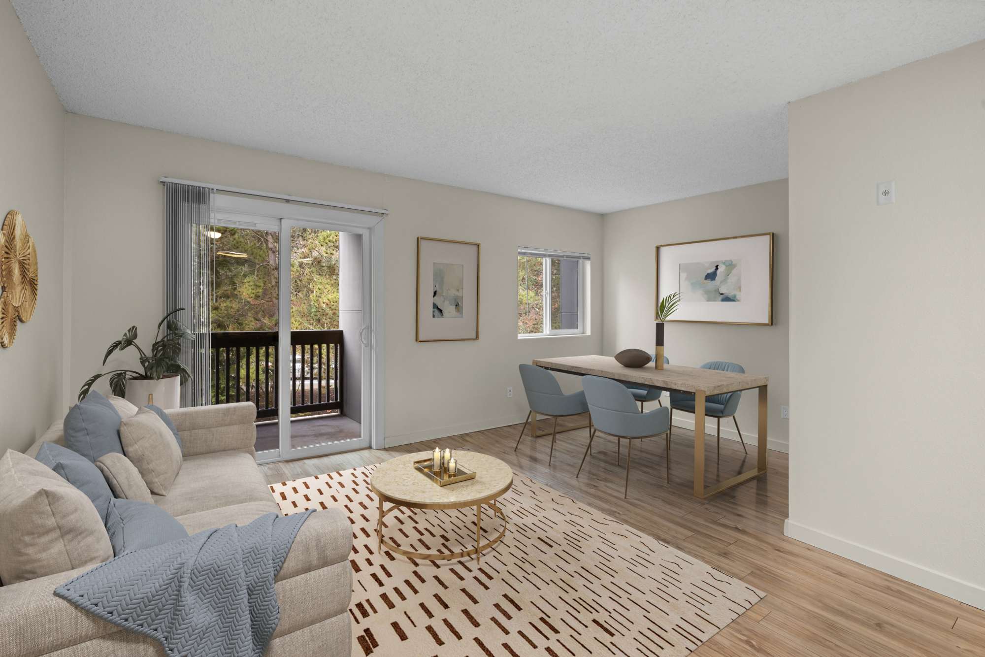 Living and dining area at Karbon Apartments in Newcastle, Washington