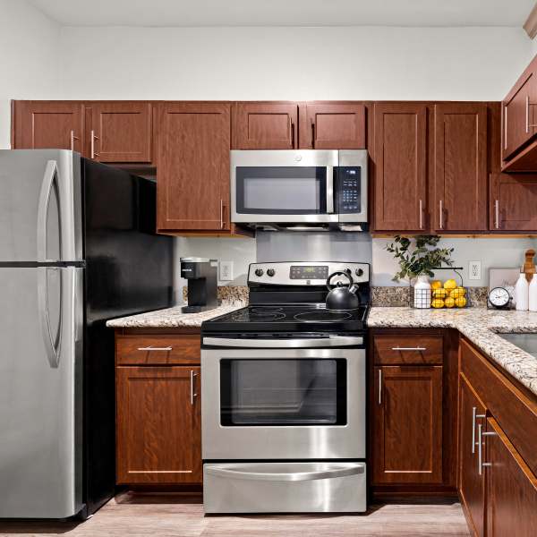 Stainless steel appliances and granite countertops in kitchen at Mira Vista at La Cantera