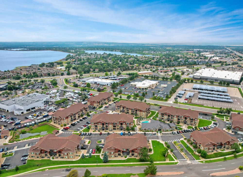 An aerial view of M2 Apartments and the surrounding area of Denver, Colorado