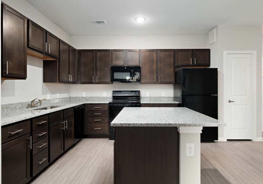 Modern kitchen with granite countertops, stainless steel appliances, dark cabinetry, and wood-style flooring at Preserve at Gresham Lake in Raleigh, North Carolina