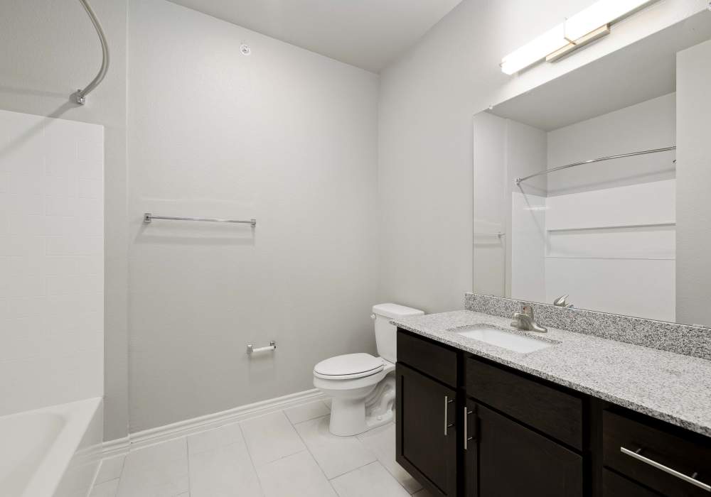 Upgraded bathroom with granite countertops and bath tub at Redwood in San Marcos, Texas
