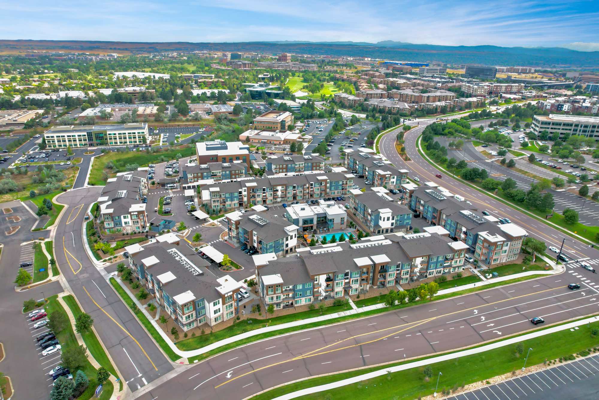 Drone view of community at Elevate in Englewood, Colorado