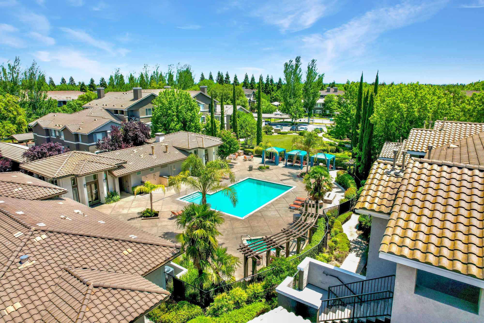 Beautiful aerial view of community with pool at Miramonte and Trovas in Sacramento, California