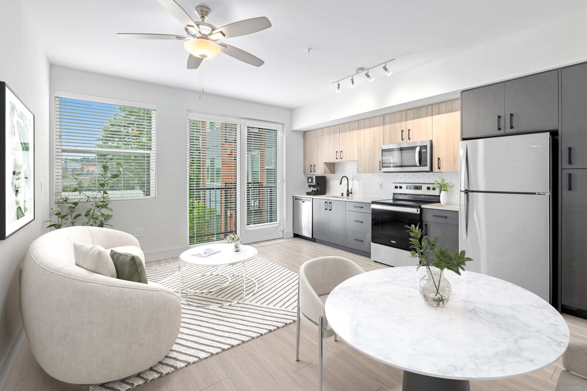 Spacious living room and kitchen at Radiate in Redmond, Washington