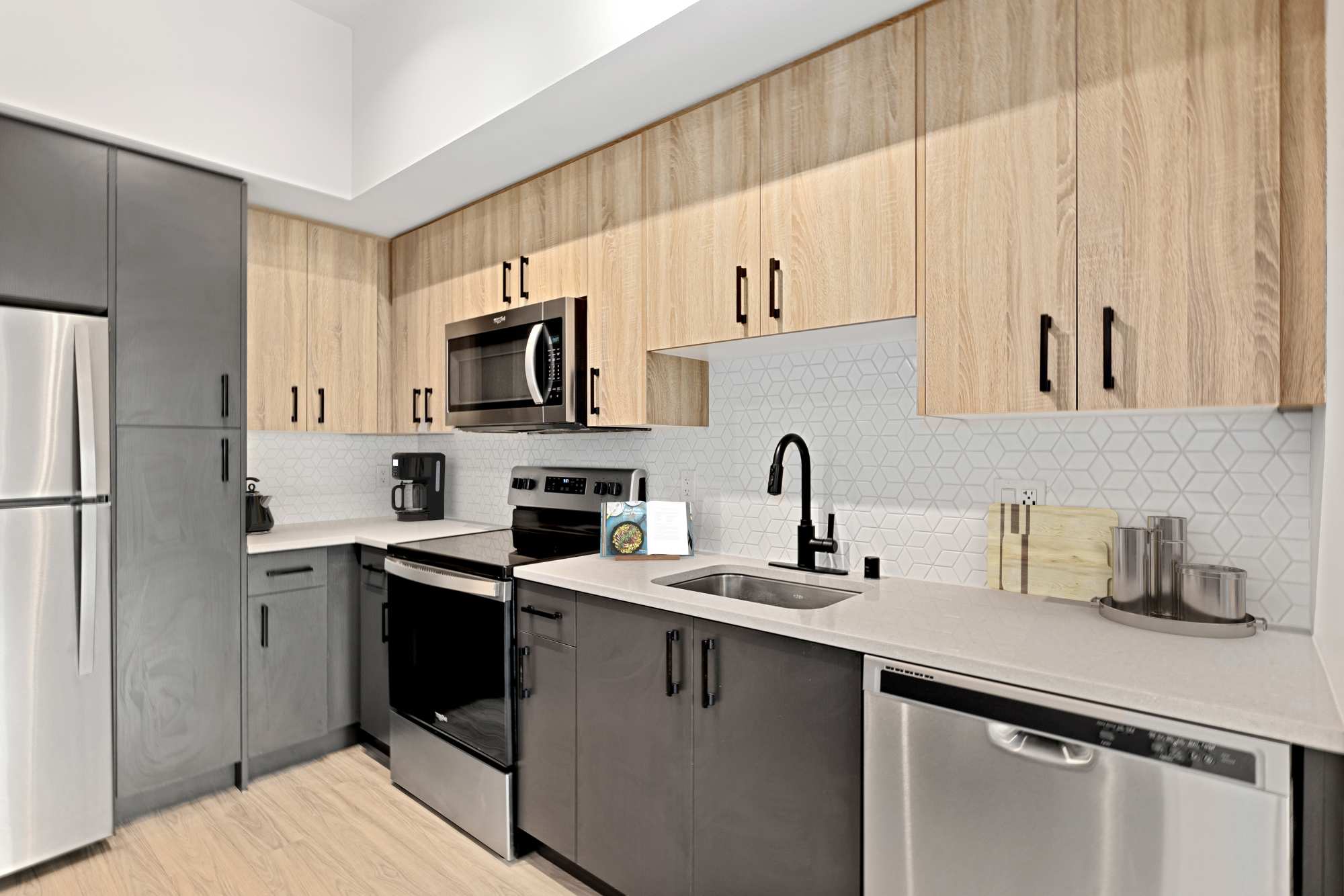 Kitchen with refrigerator at Radiate in Redmond, Washington
