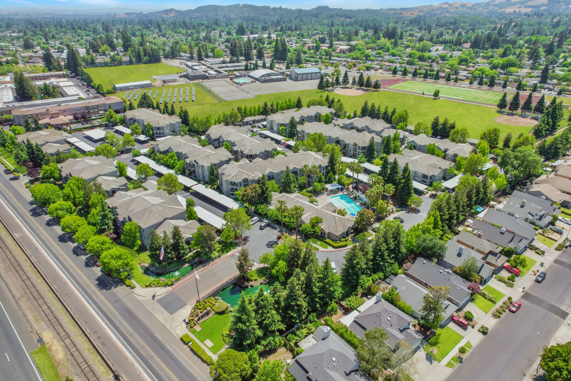 Aerial view of property at Hawthorn Village Apartments in Napa, California