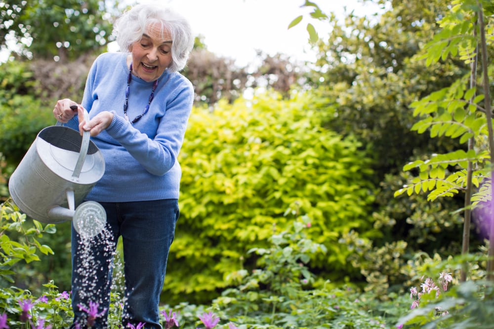 Resident watering plants in the garden at Randall Residence