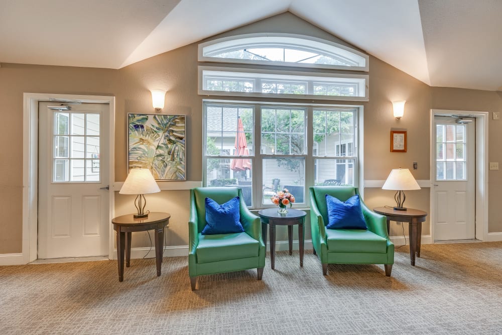 Comfortable arm chairs in the lobby at Harbor Cove Memory Care in Hilton Head Island, South Carolina