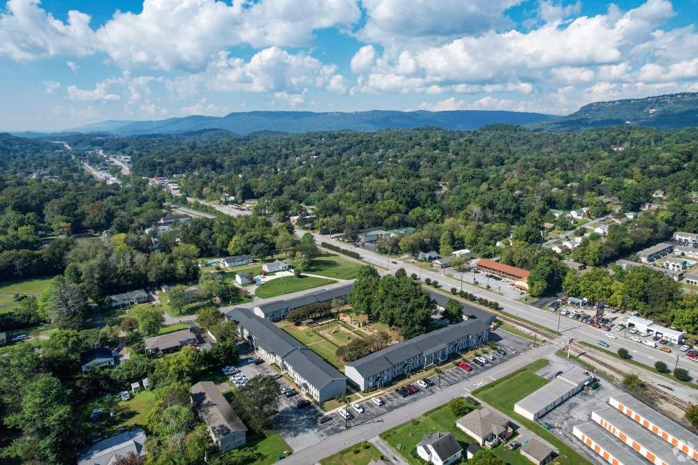Bird eye view of community at Midtown Square Chattanooga Apartments in Chattanooga, Tennessee