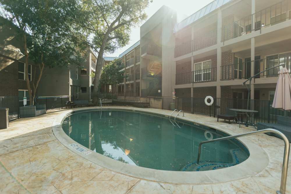 Charming swimming pool surrounded by lush landscaping at  in Dallas, Texas.