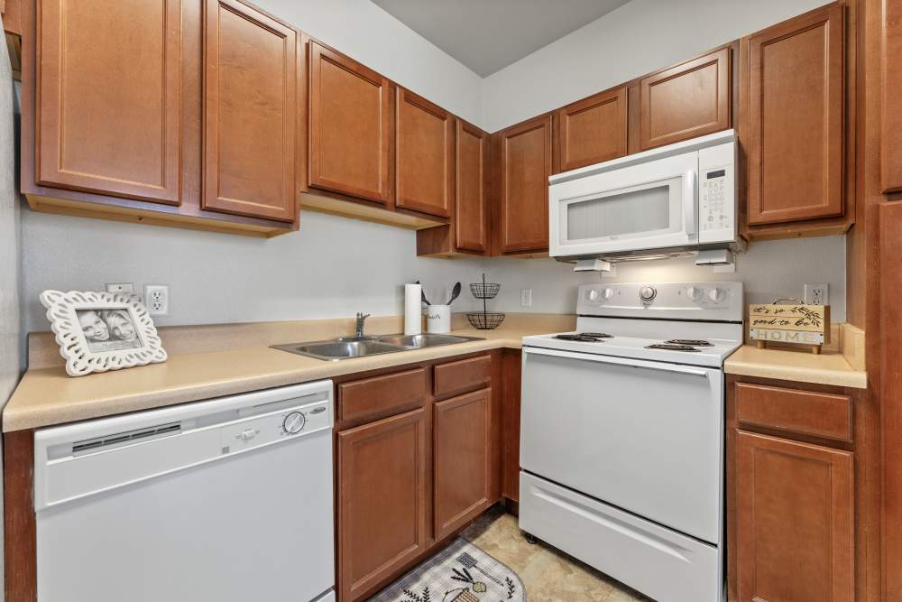 Kitchen room with white colored appliances at Costa Ibiza in Houston, Texas