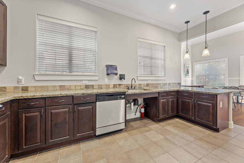 A view of the community kitchen with dishwasher at Costa Ibiza in Houston, Texas