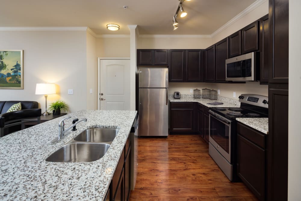 Beautiful kitchen and island and stainless steel appliances at The Preserve at Hardin Valley in Knoxville, Tennessee