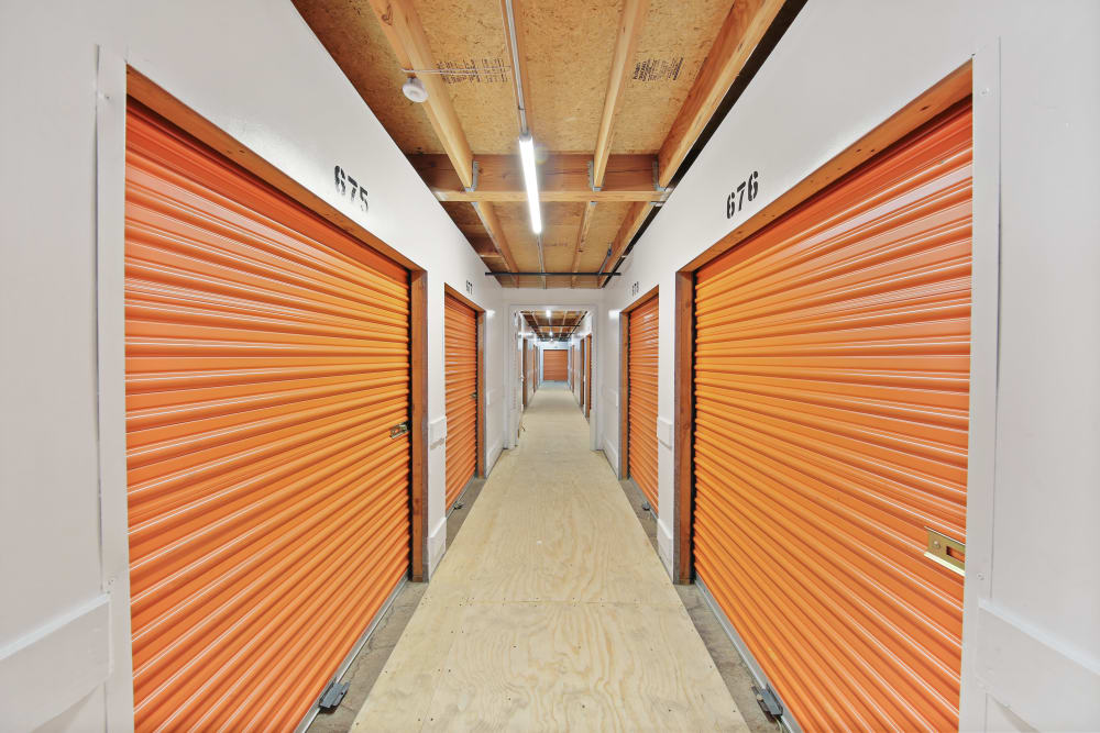 A row of indoor storage units at A-1 Self Storage in La Mesa, California