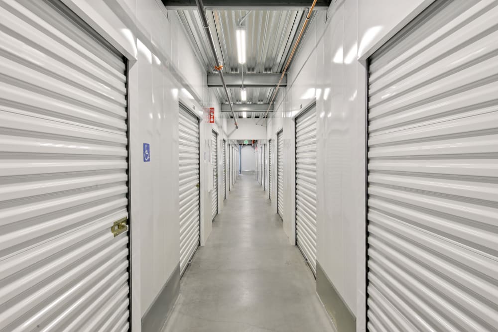 A row of indoor storage units at A-1 Self Storage in National City, California