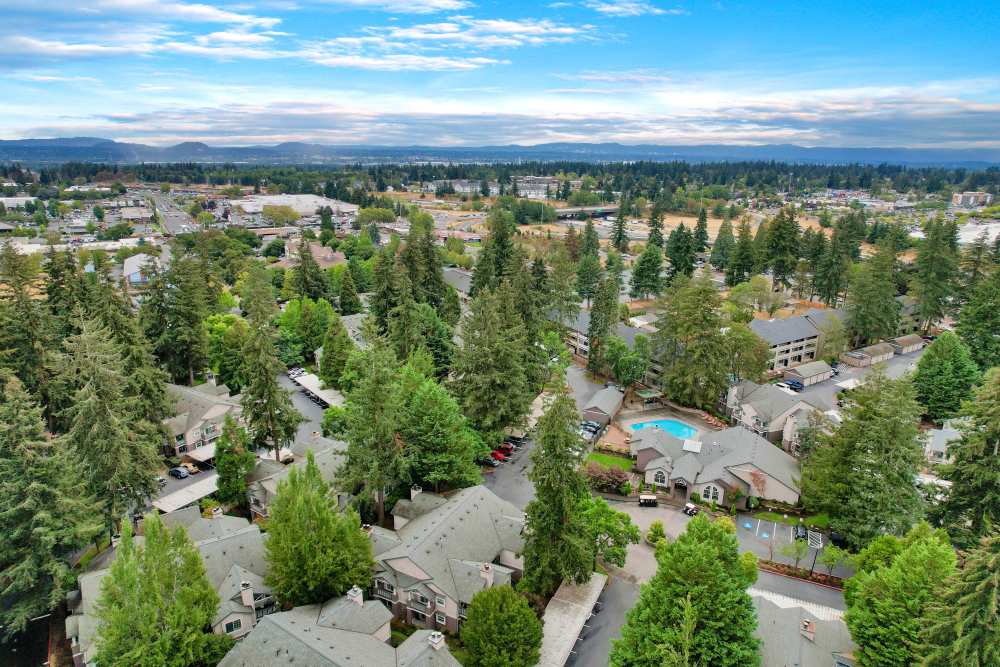 An aerial view of the property and surrounding area at Autumn Chase Apartments in Vancouver, Washington