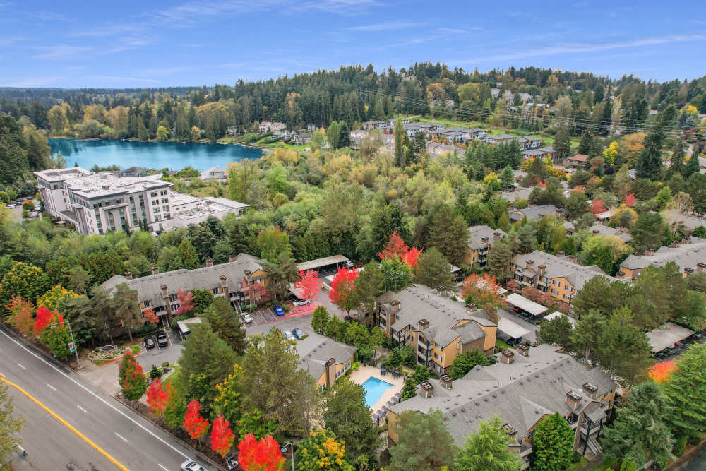 Aerial view of the property and surrounding areas at Newport Crossing Apartments in Newcastle, Washington