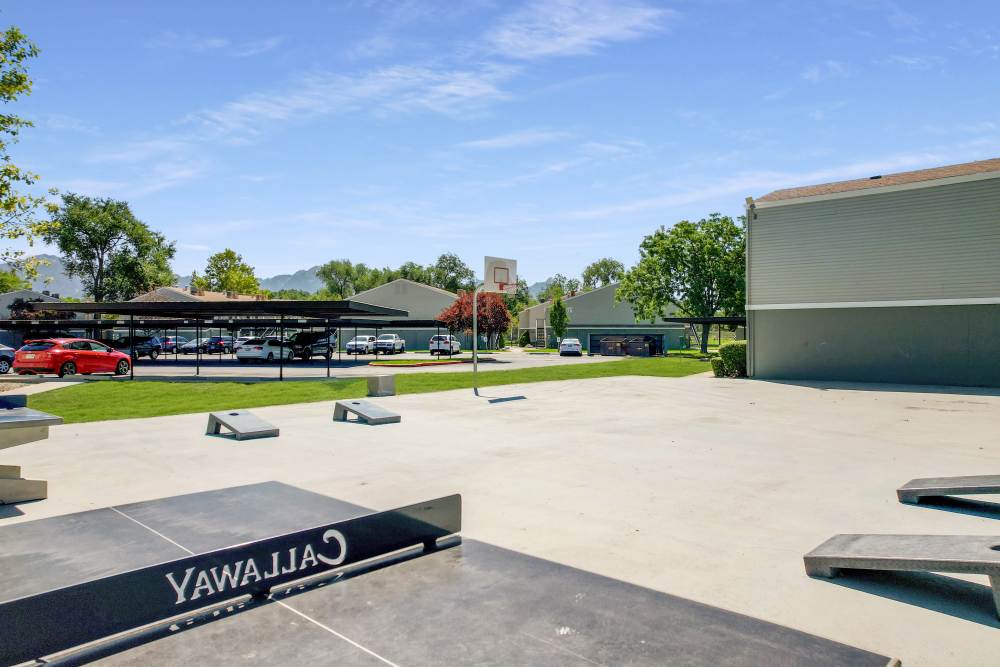 Multi-purpose sports court with basketball, corn hole, and ping-pong at Callaway Apartments in Taylorsville, Utah