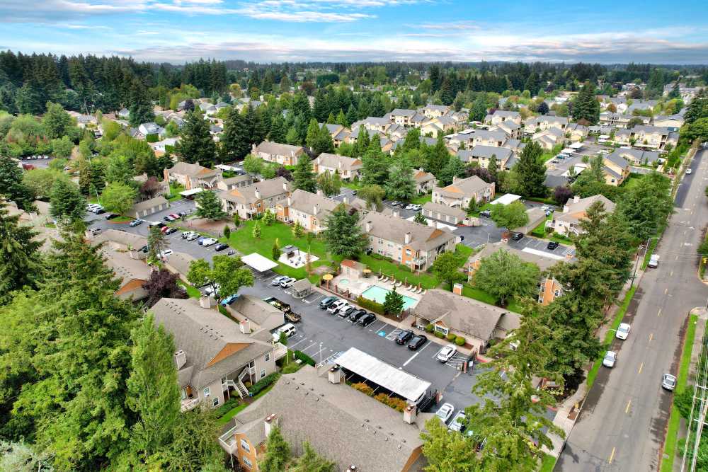 An aerial view of the property and surrounding area at Carriage Park Apartments in Vancouver, Washington