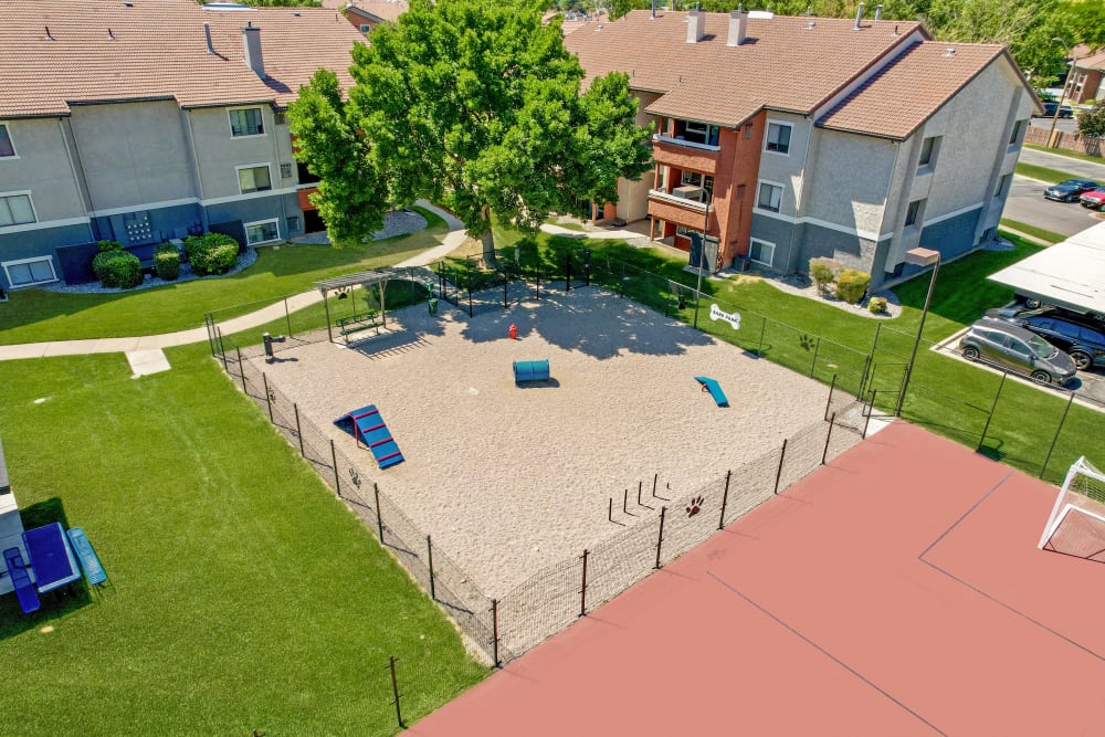 Soccer court and dog par aerial at Shadowbrook Apartments in West Valley City, Utah